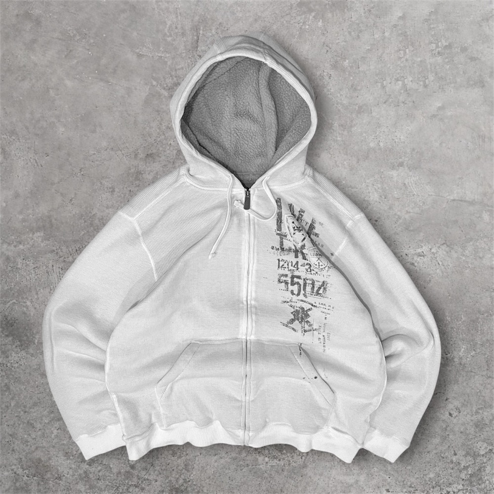 Vintage CHALC Y2K Graphic Sherpa-Lined Waffle Knit Zip-Up Hoodie Mens Large